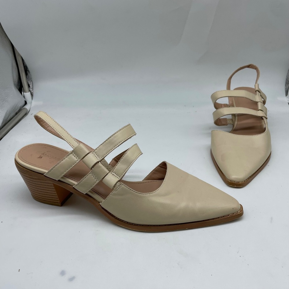 Piepiebuy Beige Pointed Toe Multi Strap Slingback Block Heels Women's Size 10‎